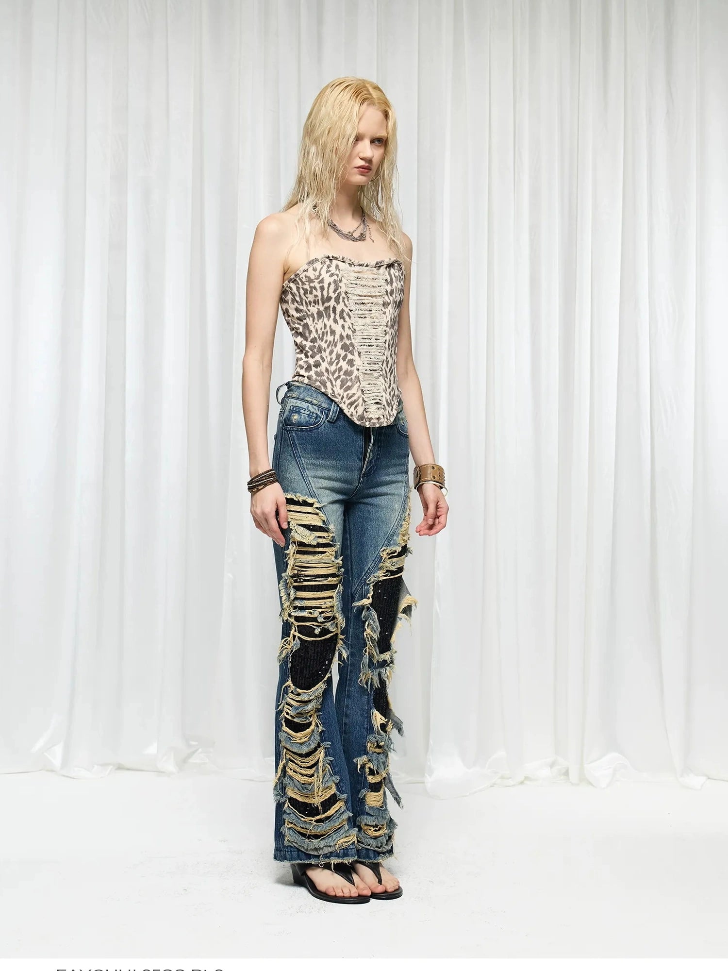 FayChui  Leopard Fringe Distressed Bustier Top