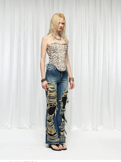 FayChui  Leopard Fringe Distressed Bustier Top