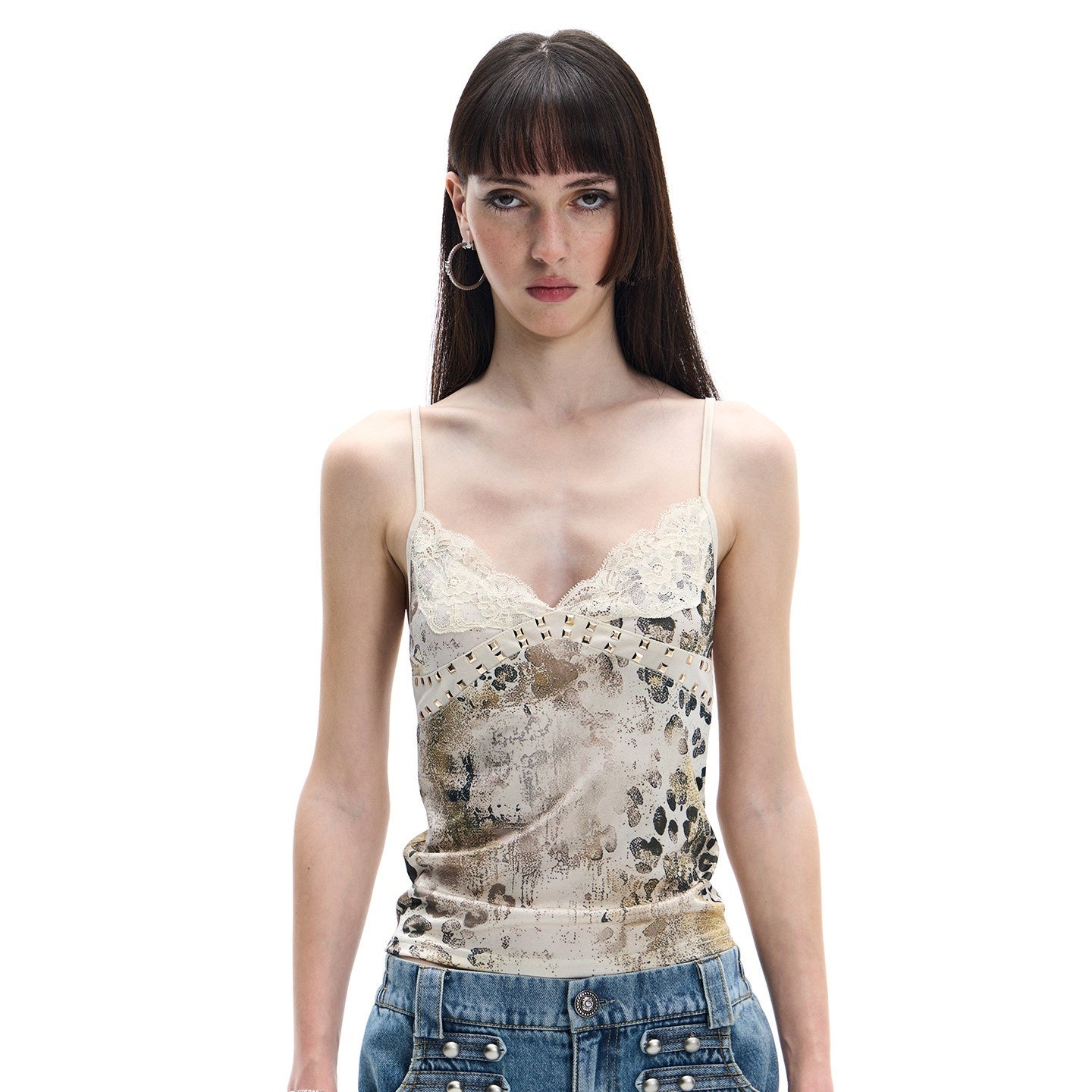 FayChui_Leopard_Print_Studded_Lace_Trim_V-neck_Women&