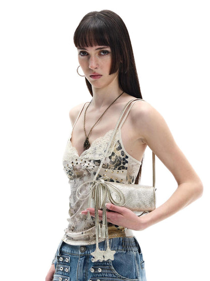 FayChui Leopard Print Studded Lace Trim V-neck Women&