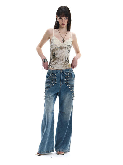 FayChui Leopard Print Studded Lace Trim V-neck Women&