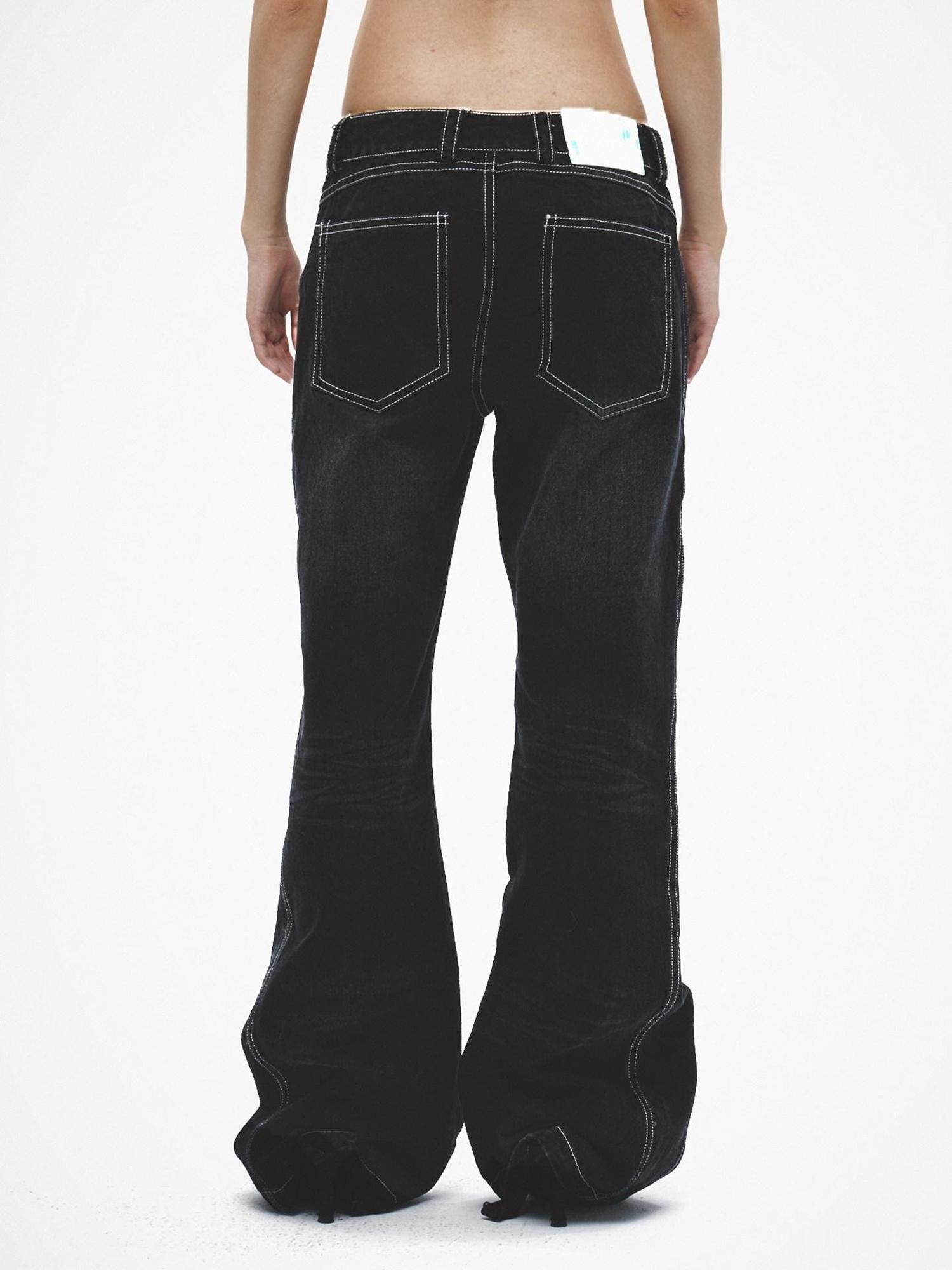 FayChui Long Button Laser Whisker Subtle Flare Washed Women&