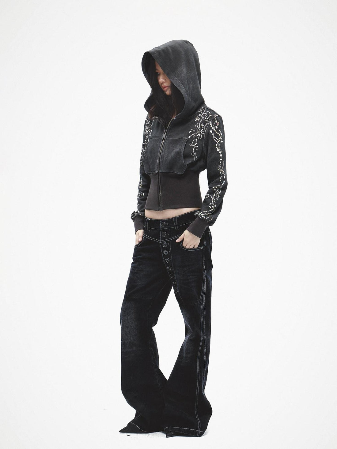 FayChui Long Button Laser Whisker Subtle Flare Washed Women&