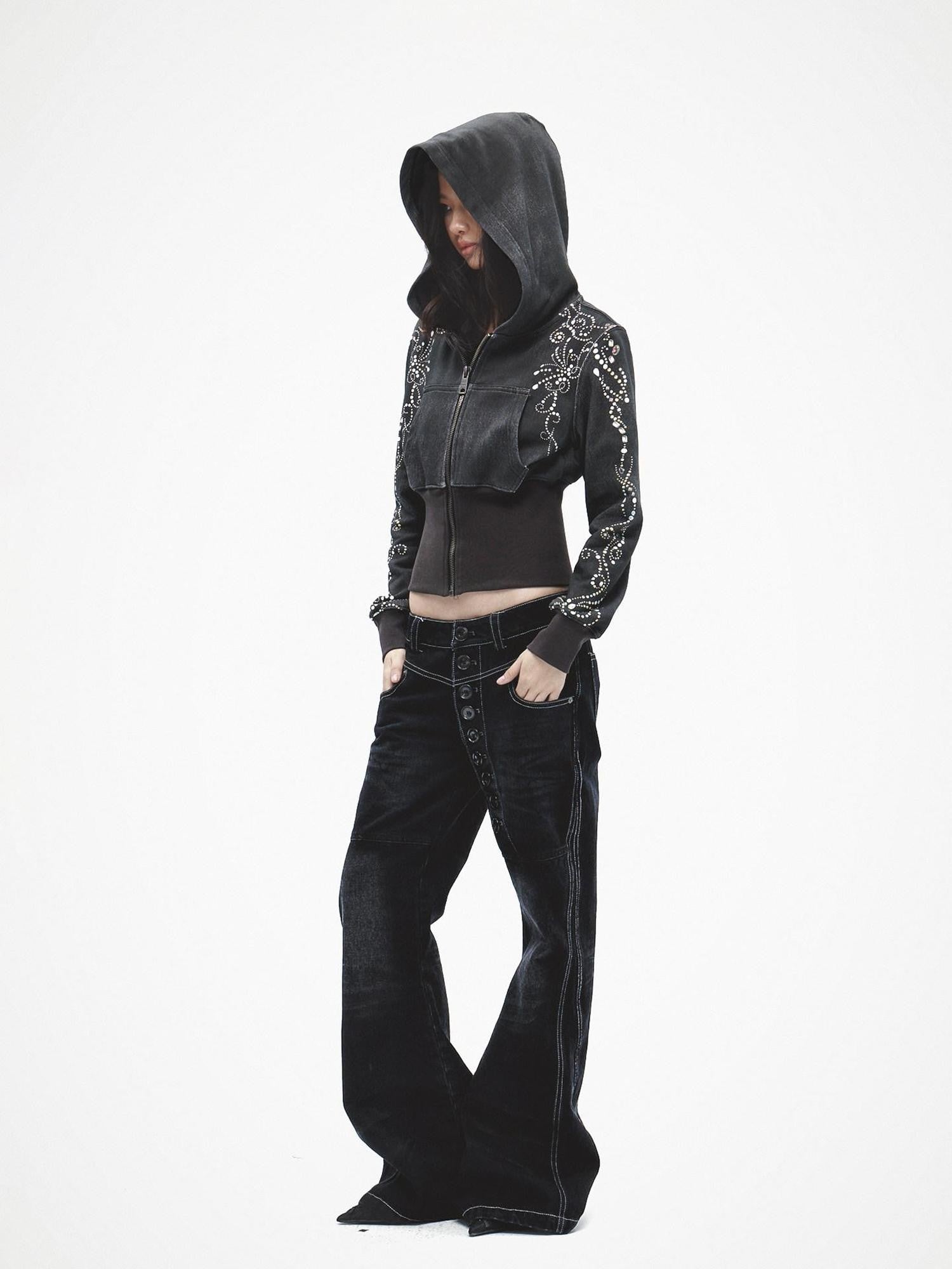 FayChui Long Button Laser Whisker Subtle Flare Washed Women&