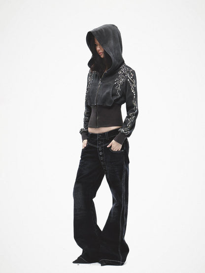 FayChui Long Button Laser Whisker Subtle Flare Washed Women&