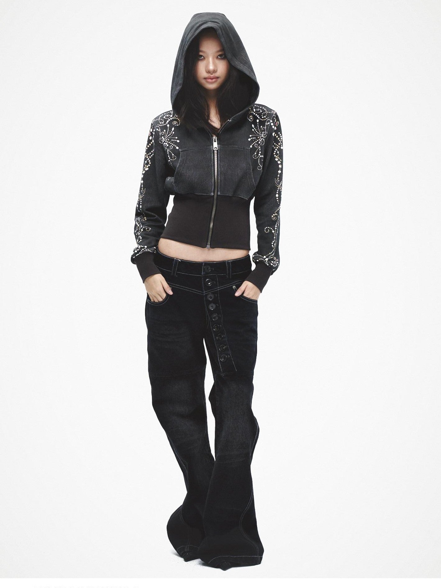 FayChui Long Button Laser Whisker Subtle Flare Washed Women&