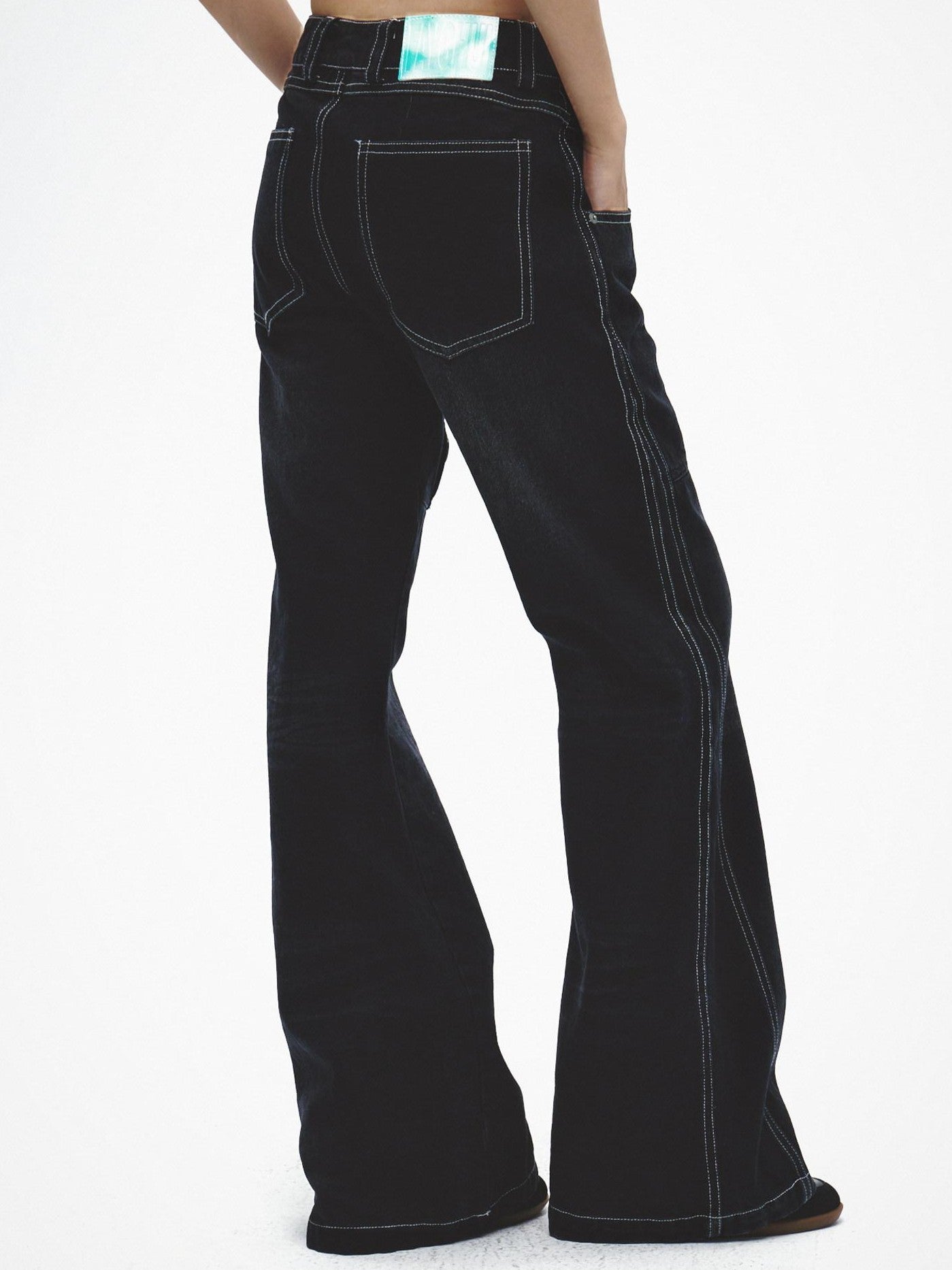 FayChui Long Button Laser Whisker Subtle Flare Washed Women&