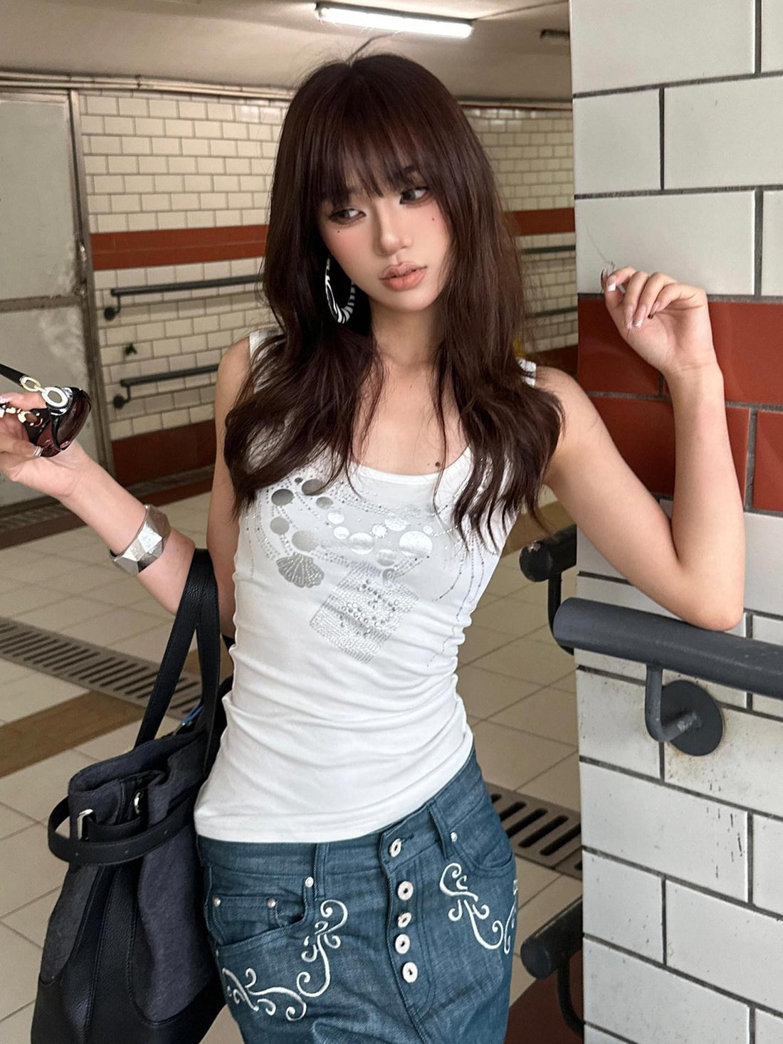 FayChui Lurex Sequin Silver Foil Beaded Chain Print Women&