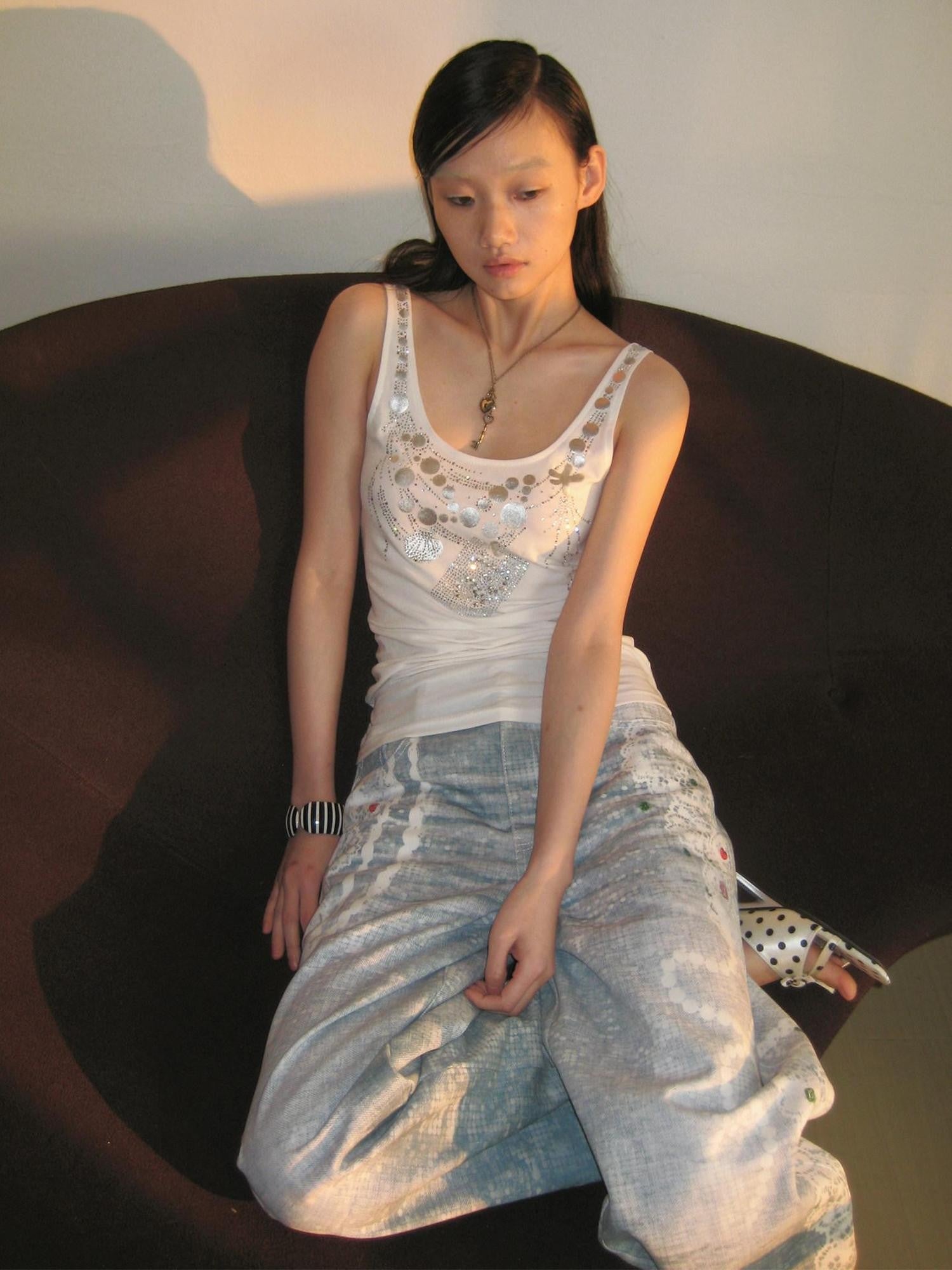FayChui Lurex Sequin Silver Foil Beaded Chain Print Women&
