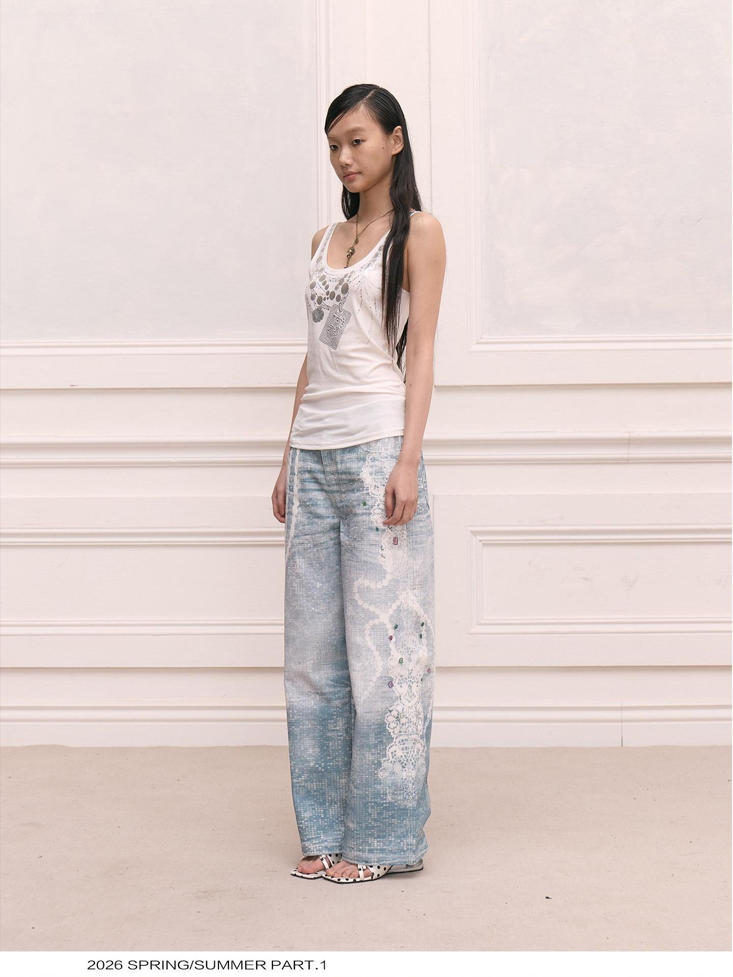 FayChui Lurex Sequin Silver Foil Beaded Chain Print Women&