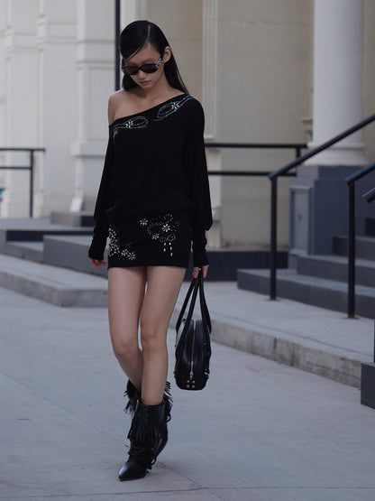 FayChui Matte Rhinestone Stud Asymmetric Women&