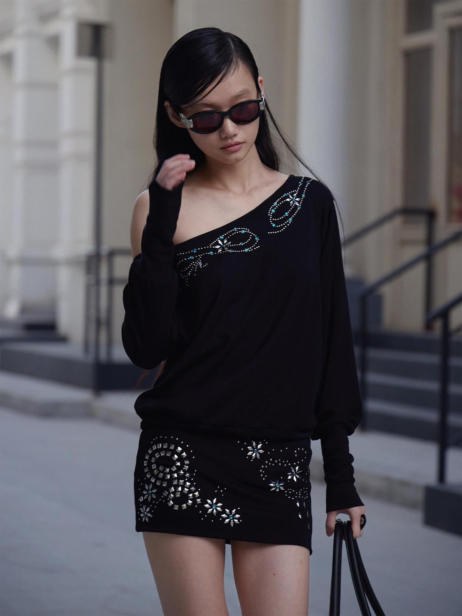 FayChui Matte Rhinestone Stud Asymmetric Women&