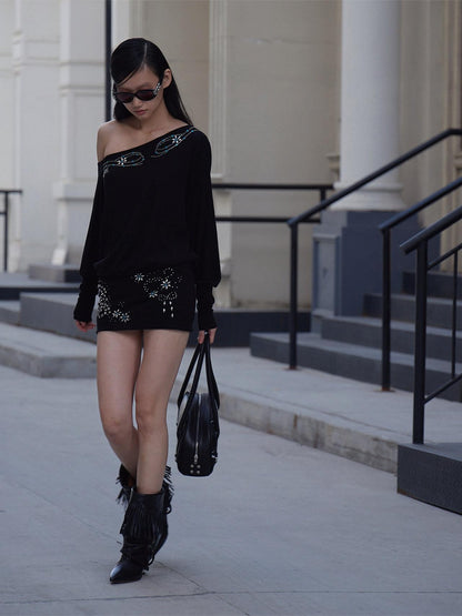 FayChui Matte Rhinestone Stud Asymmetric Women&