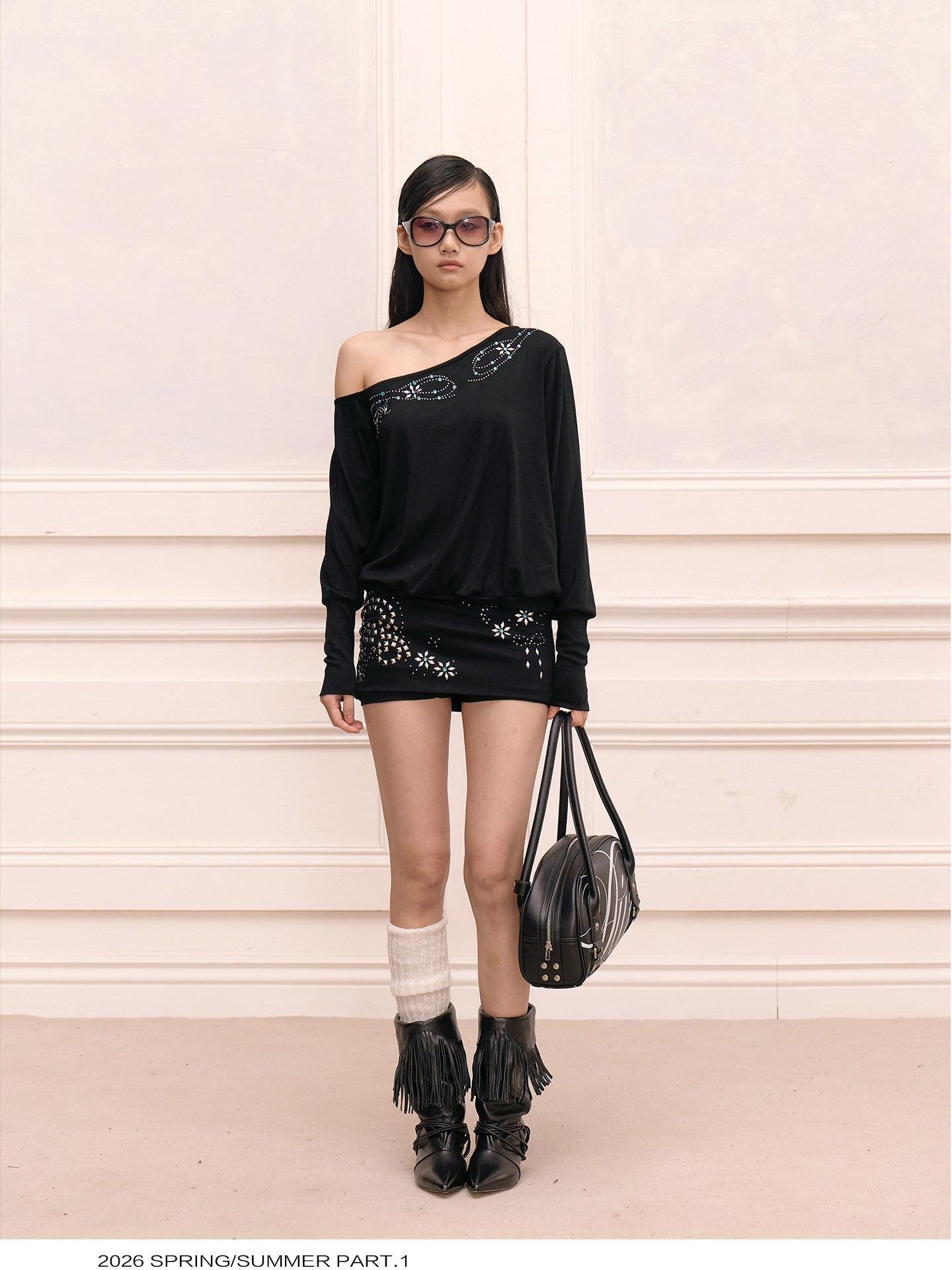 FayChui Matte Rhinestone Stud Asymmetric Women&