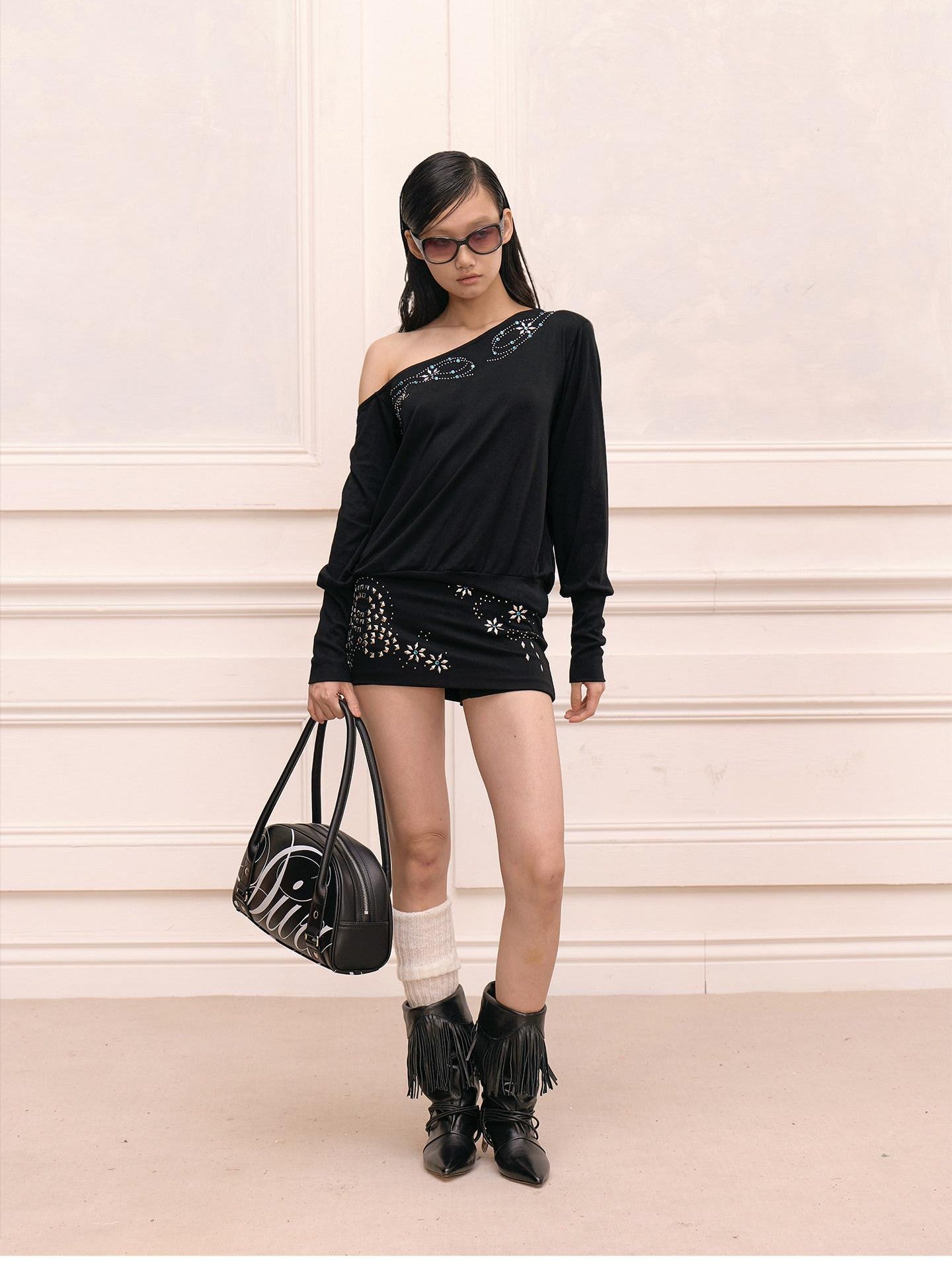 FayChui Matte Rhinestone Stud Asymmetric Women&