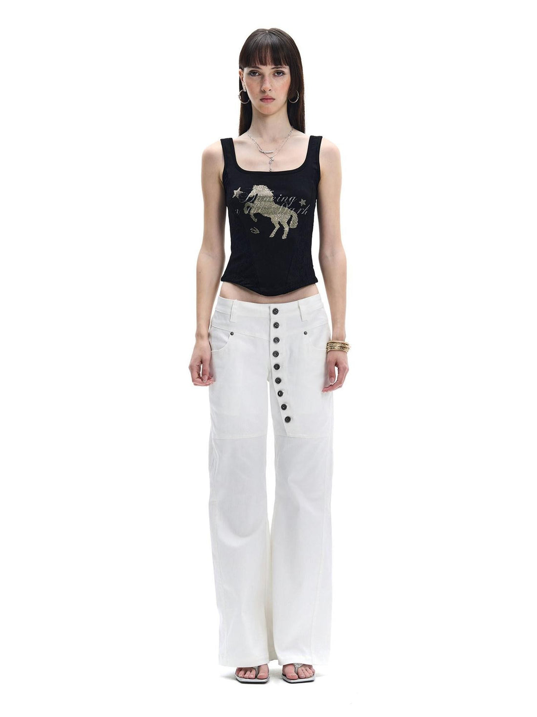 FayChui Midnight Black Gold Horse Rhinestone Square Neck Women&