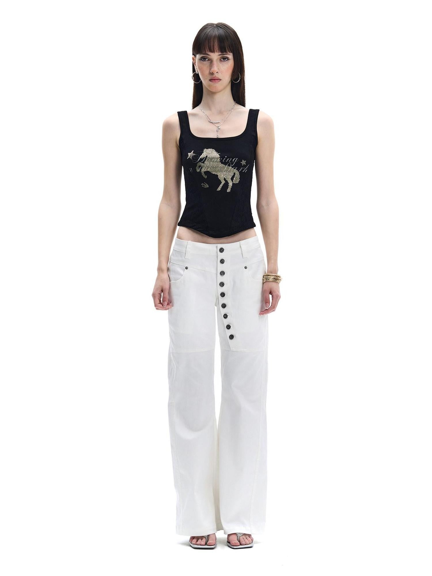FayChui Midnight Black Gold Horse Rhinestone Square Neck Women&