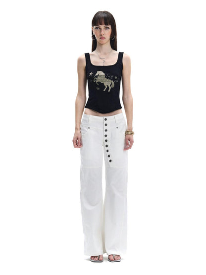 FayChui Midnight Black Gold Horse Rhinestone Square Neck Women&