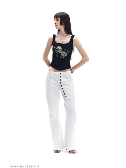 FayChui Midnight Black Gold Horse Rhinestone Square Neck Women&