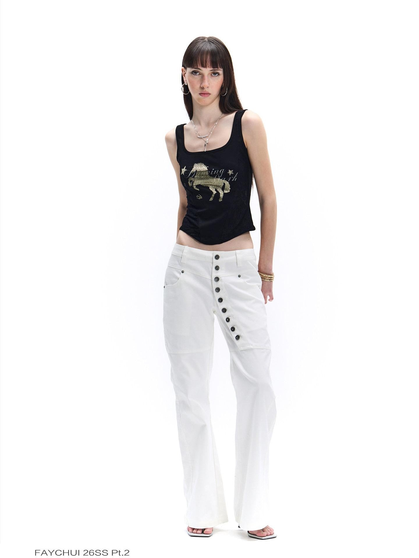 FayChui Midnight Black Gold Horse Rhinestone Square Neck Women&