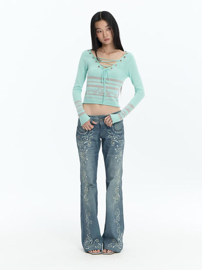 FayChui Mint Blue Lace Up Cutout Knit Slim Fit Women&