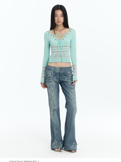 FayChui Mint Blue Lace Up Cutout Knit Slim Fit Women&