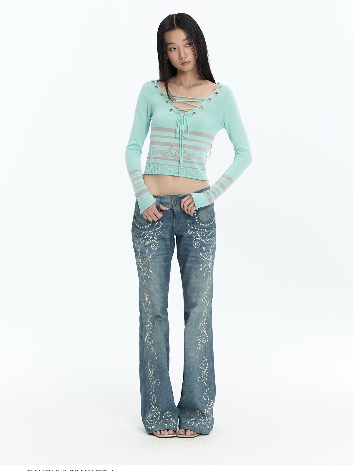 FayChui Mint Blue Lace Up Cutout Knit Slim Fit Women&