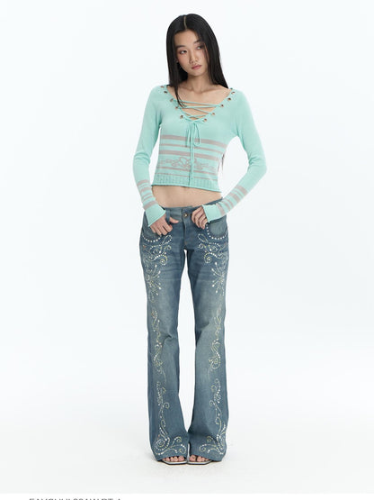 FayChui Mint Blue Lace Up Cutout Knit Slim Fit Women&