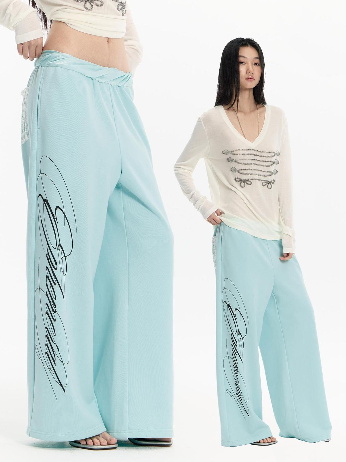FayChui Mint Green Embroidered Print Low Rise Cotton Women&