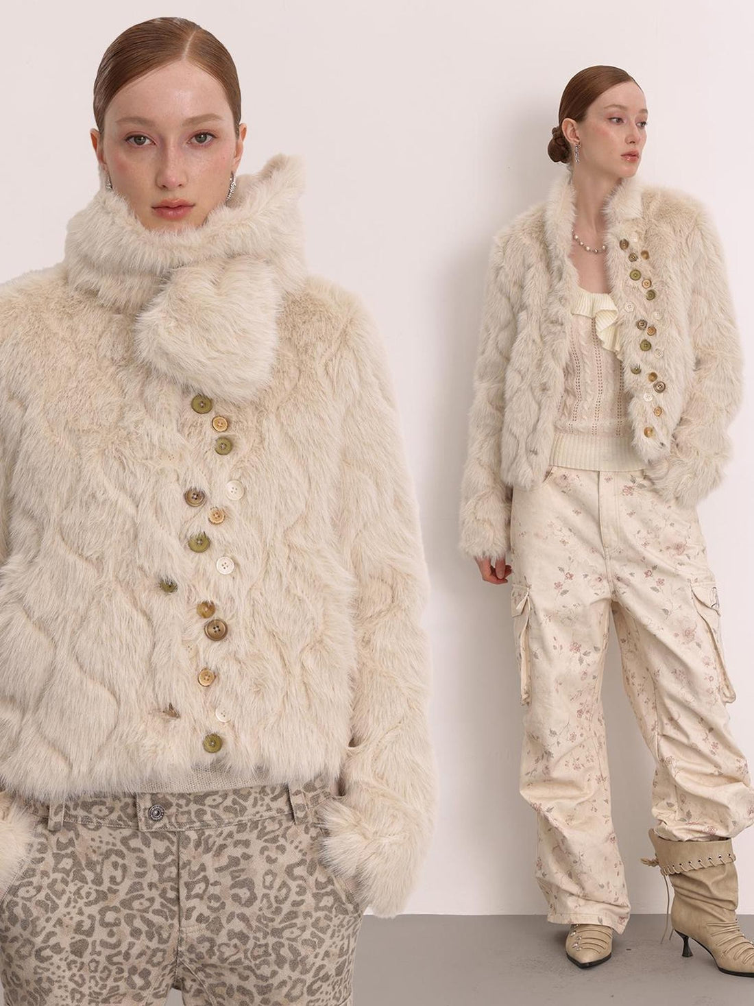 FayChui Multi Button Embossed Faux Fur Cream White Women&