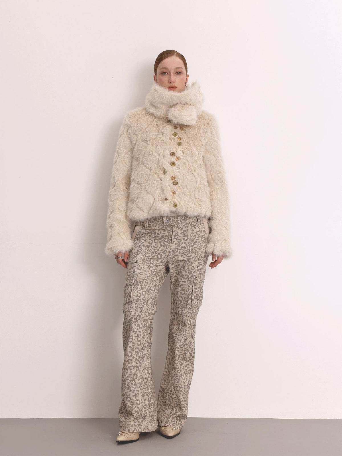 FayChui Multi Button Embossed Faux Fur Cream White Women&