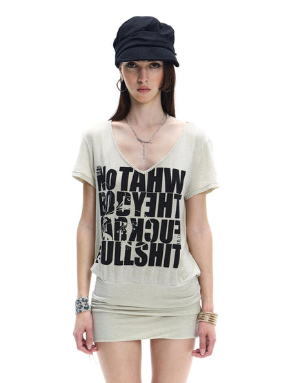 FayChui Oatmeal Grey Rhinestone Letter Print Women&