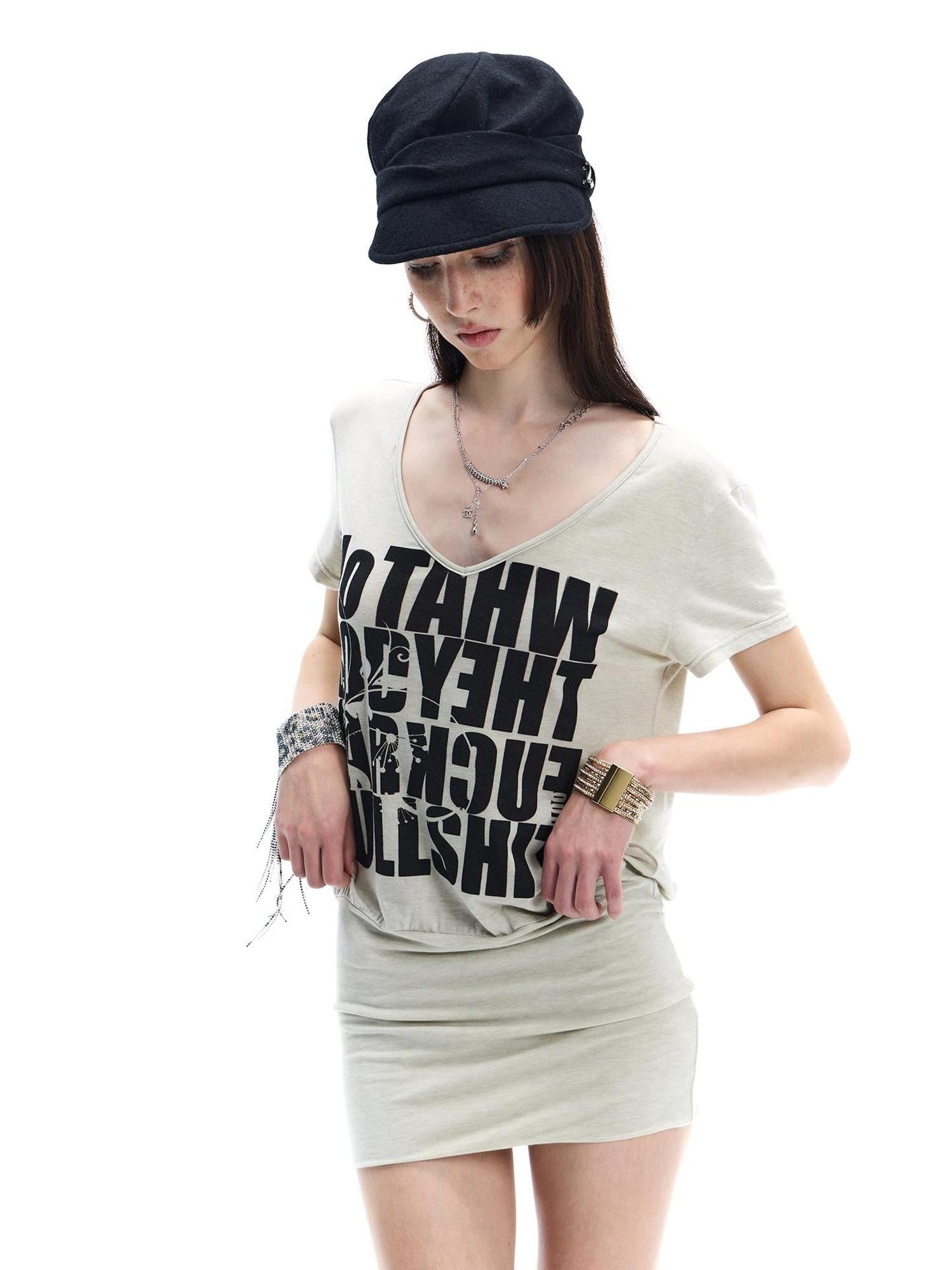 FayChui Oatmeal Grey Rhinestone Letter Print Women&