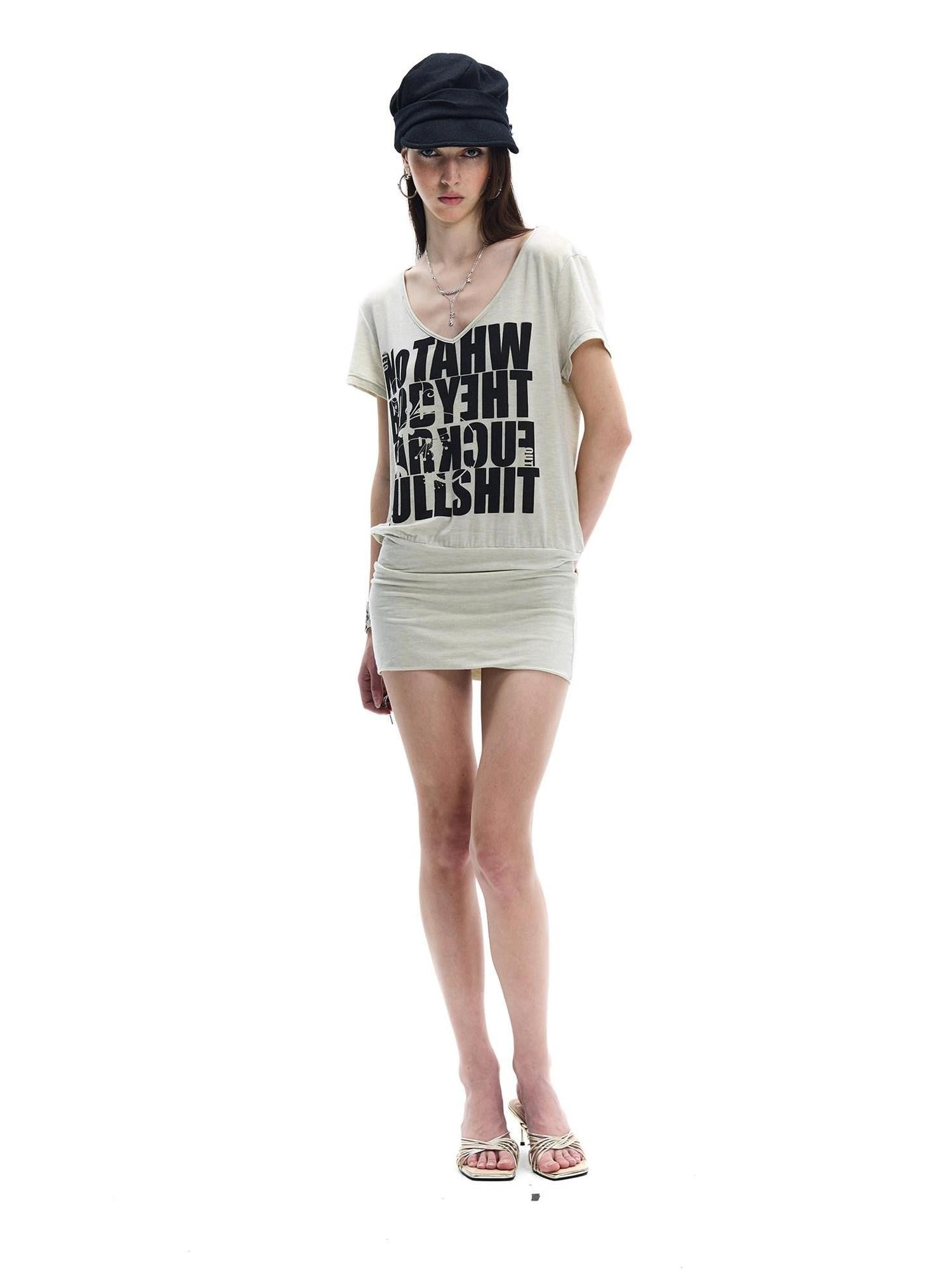 FayChui Oatmeal Grey Rhinestone Letter Print Women&