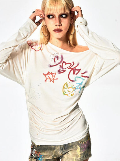 FayChui  Off Shoulder Graffiti Print Slim Fit Top