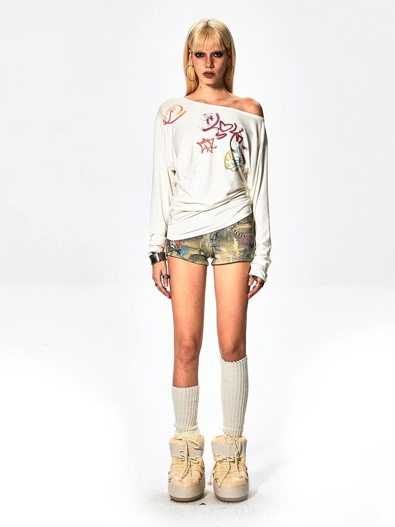 FayChui  Off Shoulder Graffiti Print Slim Fit Top