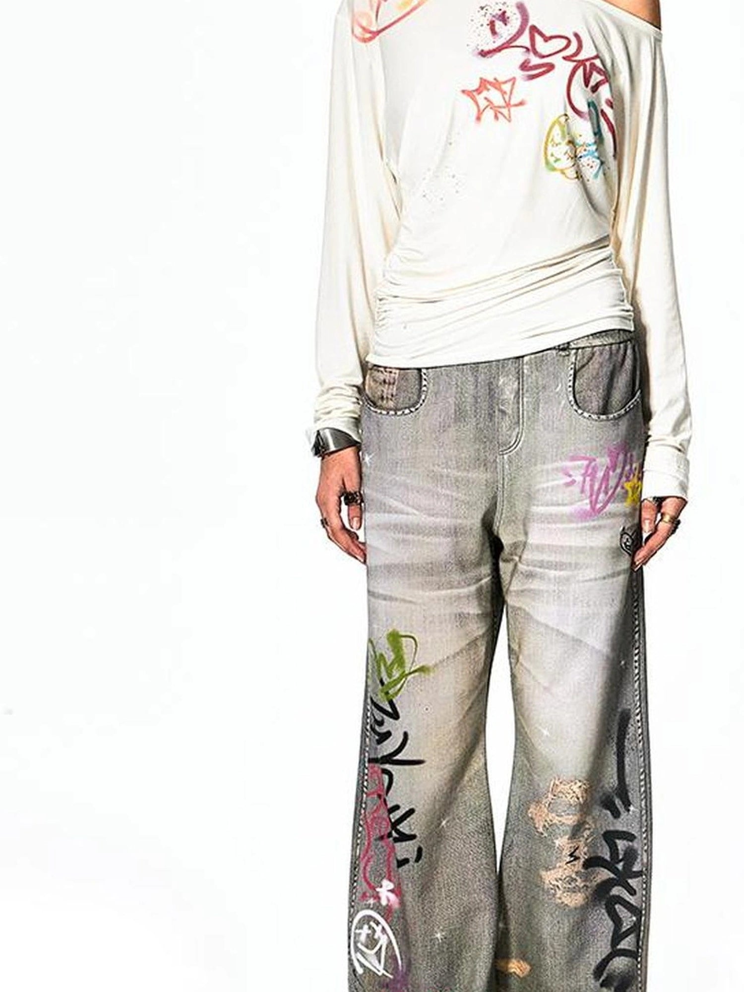FayChui  Off Shoulder Graffiti Print Slim Fit Top
