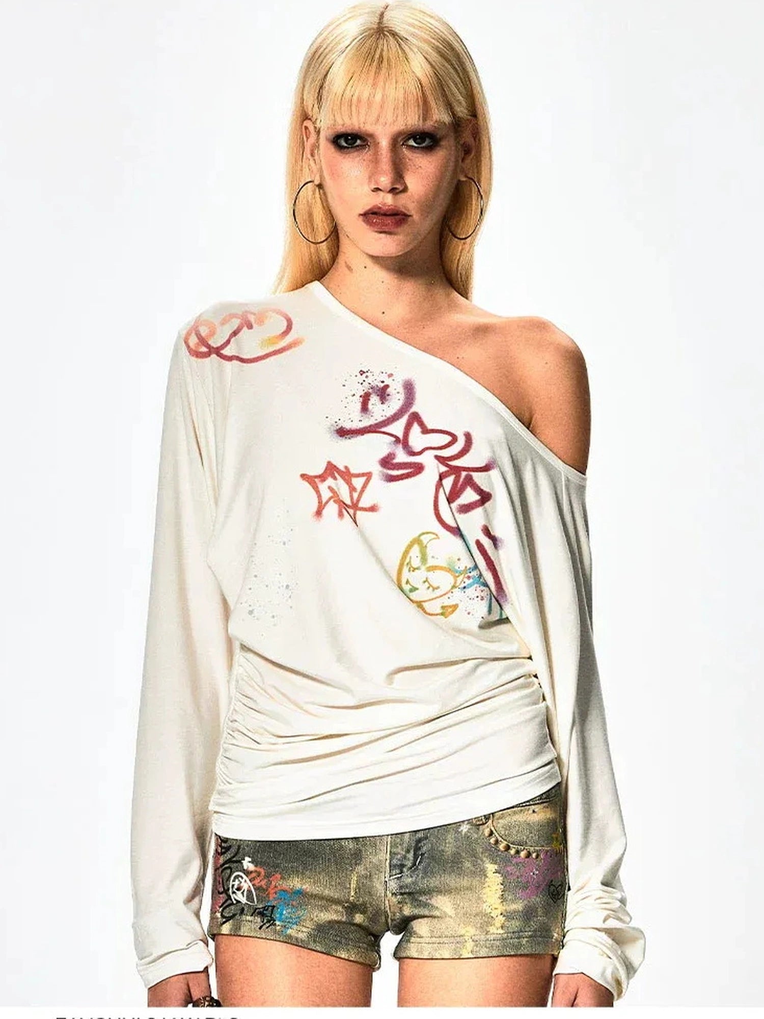 FayChui  Off Shoulder Graffiti Print Slim Fit Top