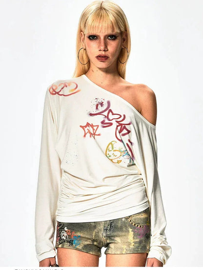 FayChui  Off Shoulder Graffiti Print Slim Fit Top