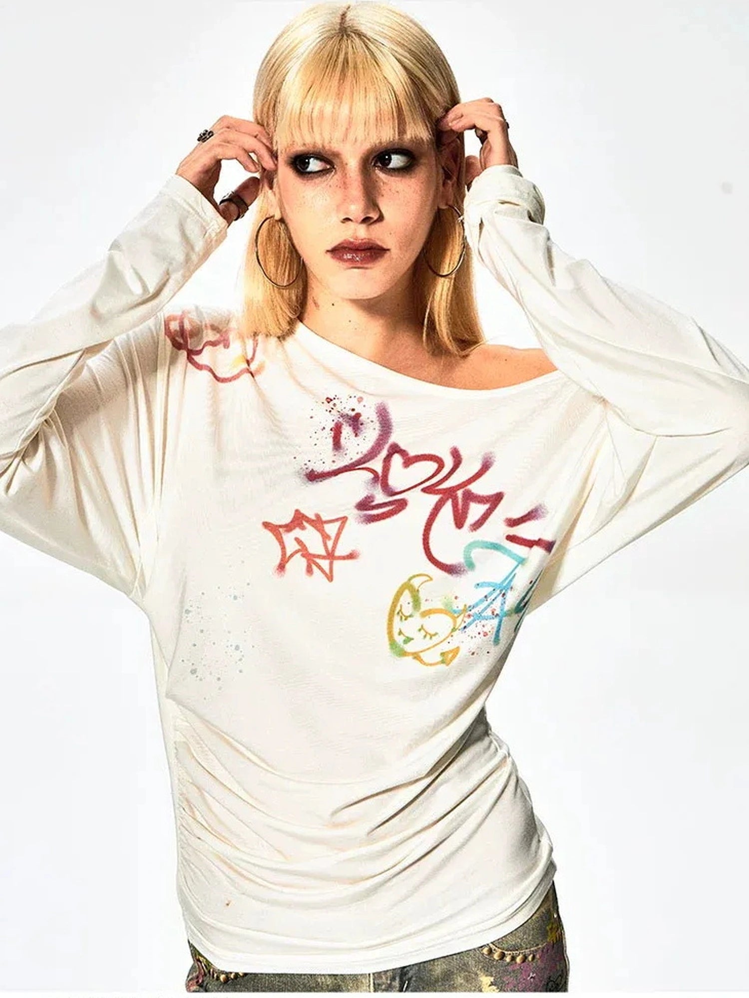 FayChui  Off Shoulder Graffiti Print Slim Fit Top
