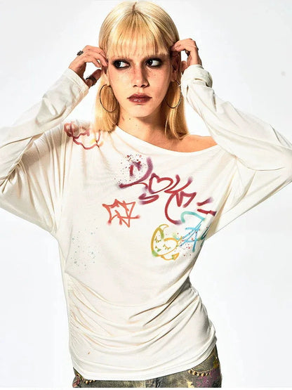 FayChui  Off Shoulder Graffiti Print Slim Fit Top
