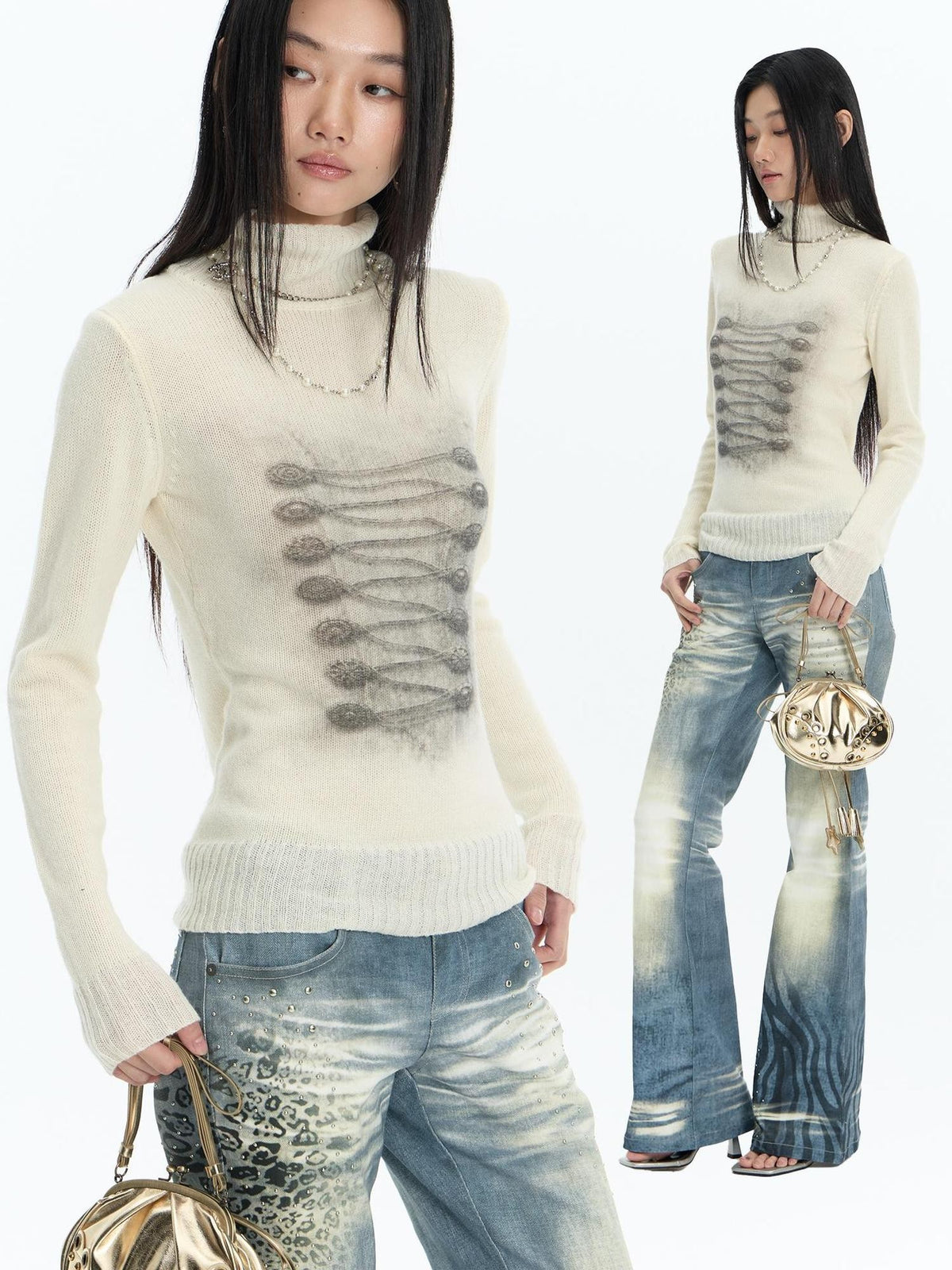 FayChui Palace Print Stand Collar Wool Blend Women&
