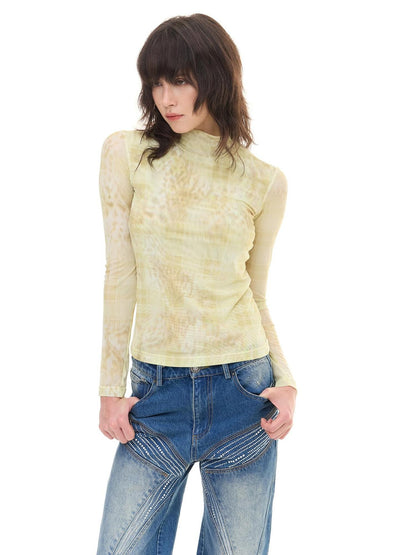 FayChui Pale Yellow Leopard Cross Print Slim Women&