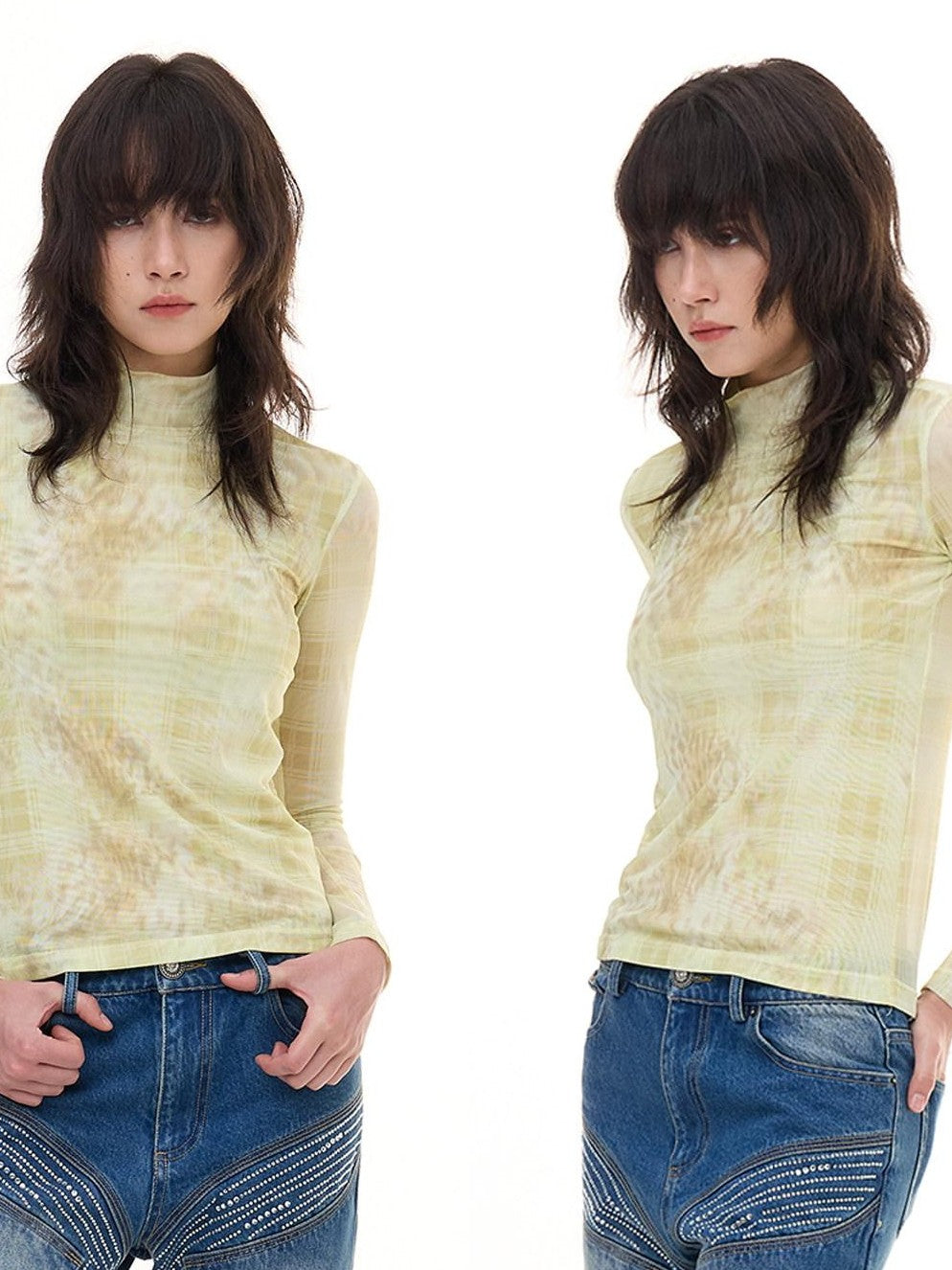 FayChui Pale Yellow Leopard Cross Print Slim Women&