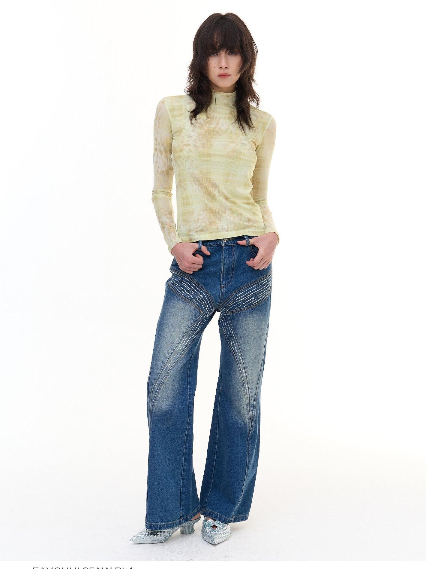 FayChui Pale Yellow Leopard Cross Print Slim Women&