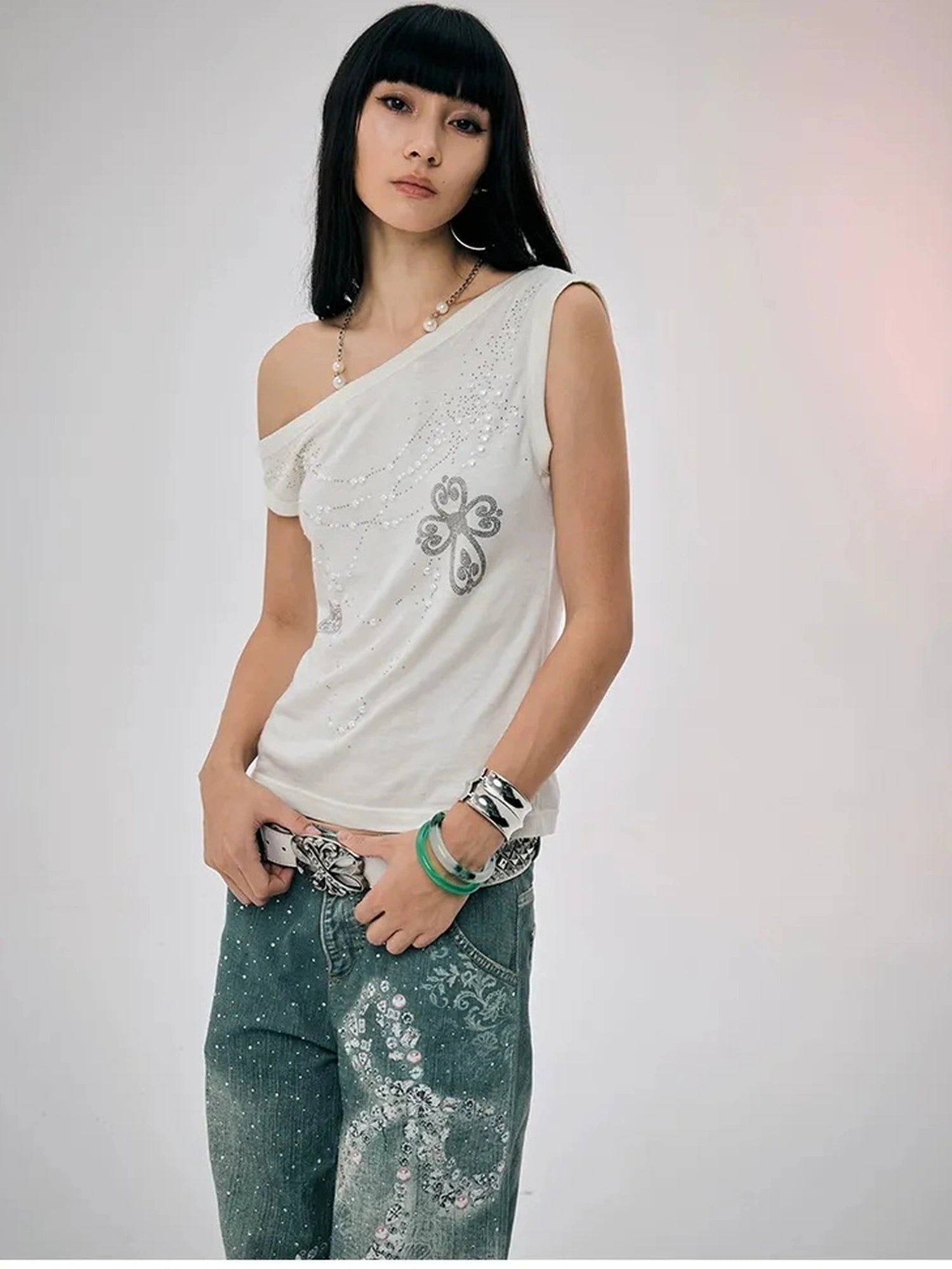 FayChui  Pearl Embellished Off Shoulder Knit Top