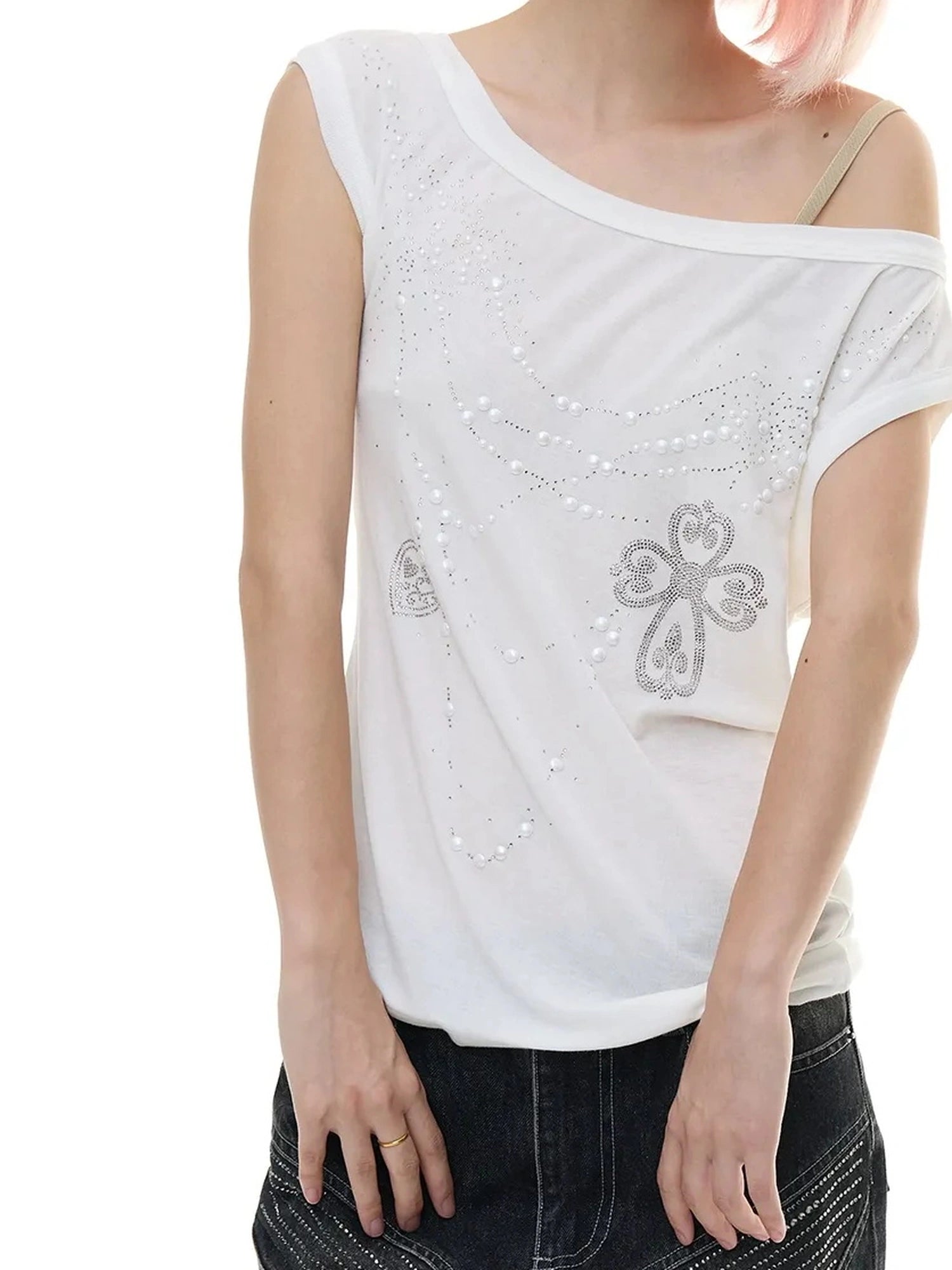 FayChui  Pearl Embellished Off Shoulder Knit Top