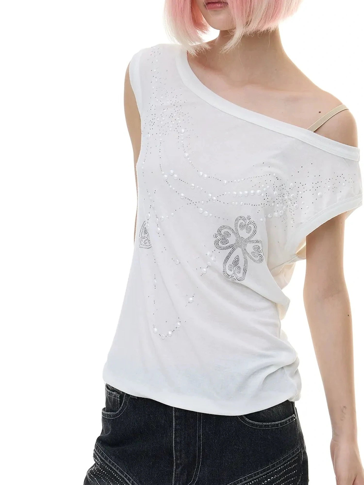 FayChui  Pearl Embellished Off Shoulder Knit Top