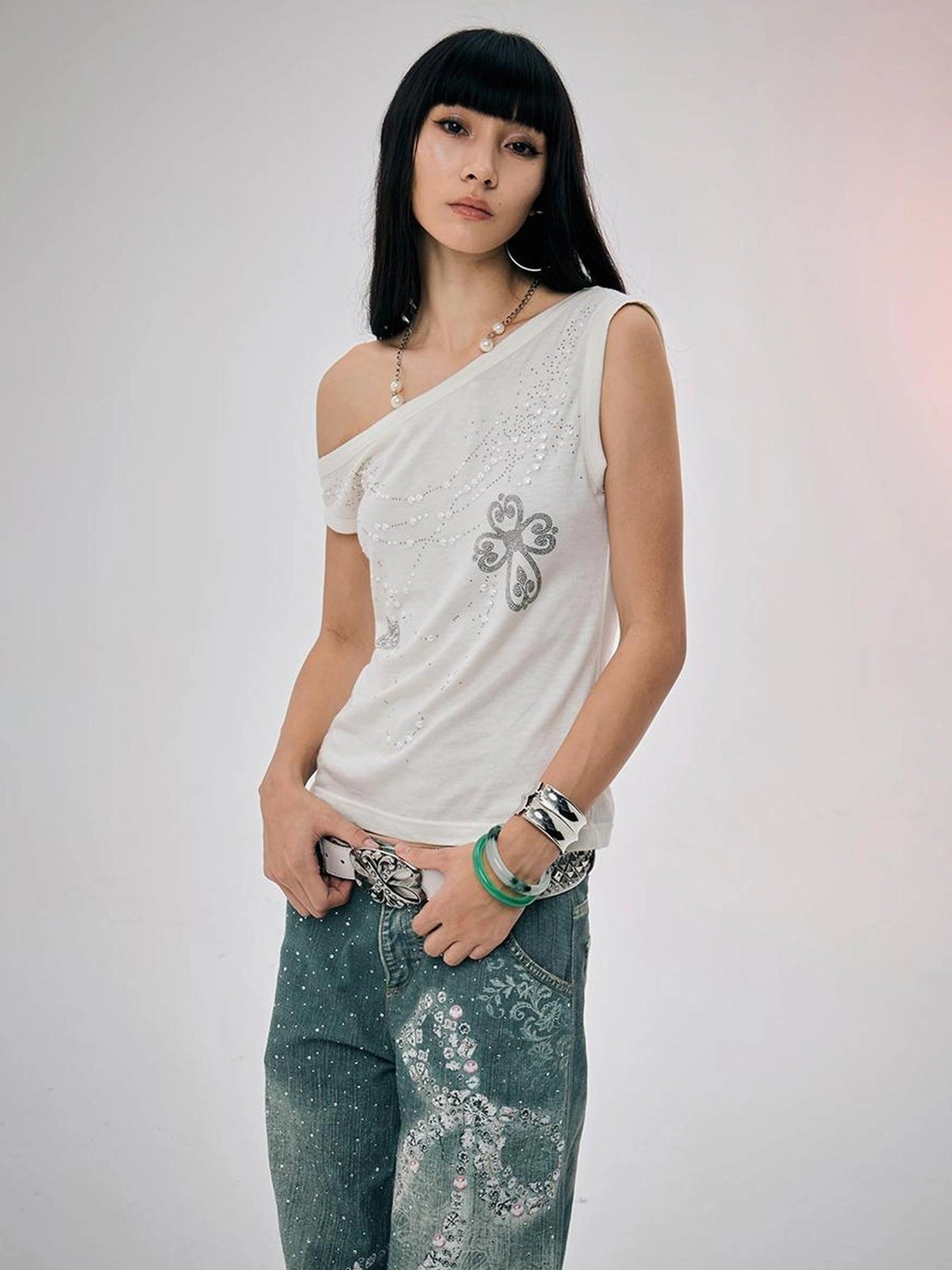 FayChui  Pearl Embellished Off Shoulder Knit Top