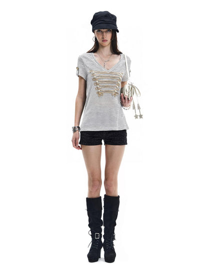 FayChui Pearl Embroidered Rope Knot Striped Court Women&